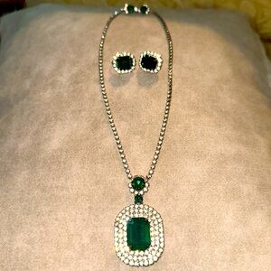 Vintage Emerald & Crystal Costume Necklace & Earring Set Set from the 60’s
